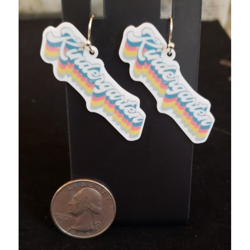 Whimsical Teacher's Gift - Dangling "Kindergarten" Hook Earrings - Multicolor